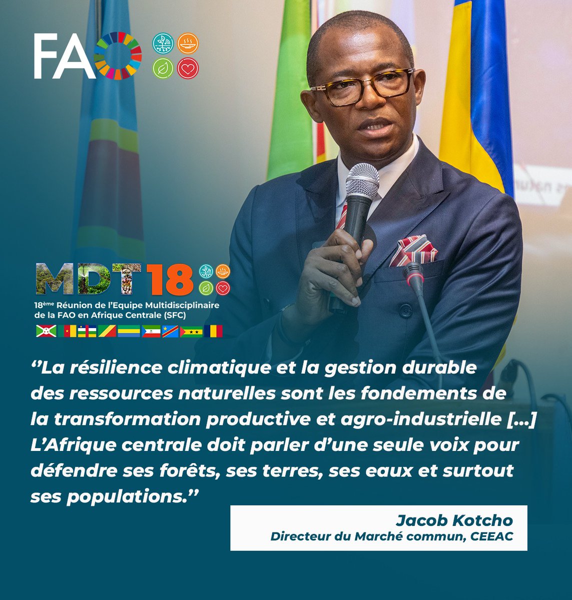 📢 À l'ouverture du #MDT18 de <a href="/FAOAfriqueCent/">FAO Afrique centrale</a> à Libreville, <a href="/jbkotcho/">Dr Jacob KOTCHO</a> de <a href="/CEEAC_ECCAS/">CEEAC_ECCAS</a> appelle à l’action collective, à la mobilisation de financements innovants et à l’intégration des femmes et jeunes pour transformer l’agro-industrie en Afrique centrale.🤝
#RésilienceClimatique