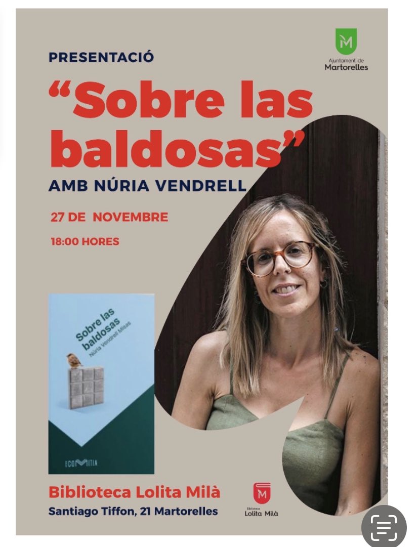 👉Nueva #Presentación del libro 📘de relatos “Sobre las Baldosas”’de <a href="/nuria_vm/">Núria Vendrell</a> @mil_fulls el próximo día 27 de Noviembre a las 18:00h en la biblioteca “Lolita Milà” de #Martorelles.<a href="/bmartorelles/">Biblio Martorelles</a> 
Doce relatos de mujeres 💜que pisan fuerte 💪🏻 
Os esperamos 📚🎤✍️