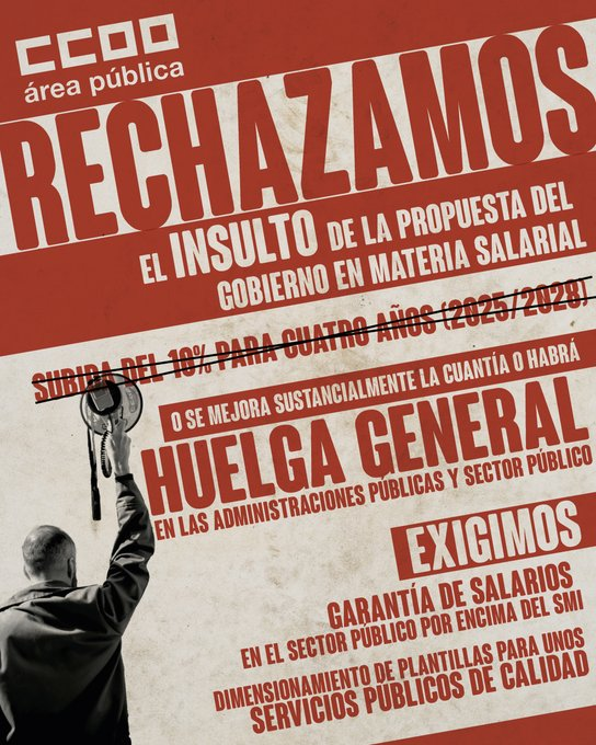 Comunica_FSCA's tweet photo. 🙅‍♂️🙅‍♀️ La oferta de subida salarial de un 10 % en cuatro años para las empleadas y empleados públicos es inaceptable.

✊ La propuesta del Gobierno debe ser más ambiciosa o convocaremos huelga en diciembre.

#CumpleLoPactado

➡️ https://t.co/lmL5NAoVvJ https://t.co/YBfoQebsD1