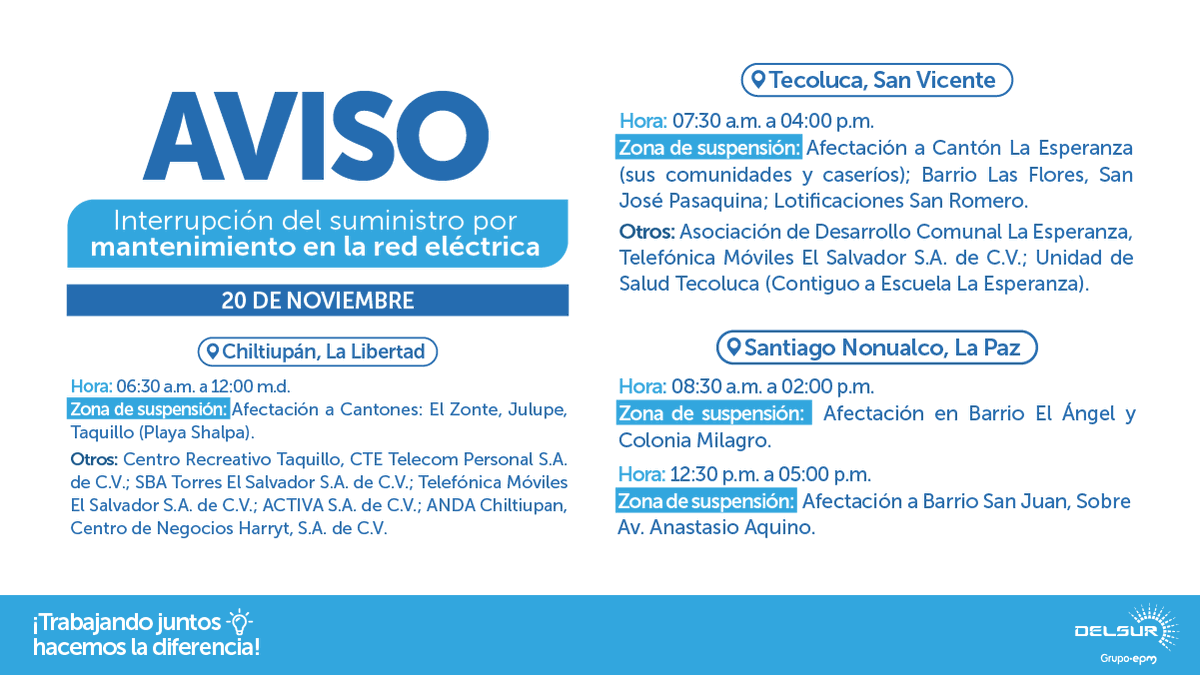 DELSUR te informa que el día 20 de noviembre de 2025, el suministro será interrumpido debido a trabajos de mantenimiento en la red eléctrica para la modernización del servicio. Las interrupciones asociadas a estos trabajos afectarán únicamente a los lugares y zonas detallados en
