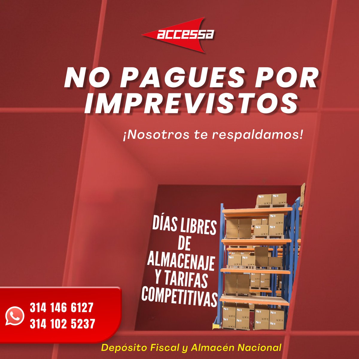 AccessaLogistic's tweet image. ¡Di adiós a los gastos sorpresa! 🚫💸

En Depósito Fiscal y Almacén Nacional te respaldamos con:
✅ Días libres de almacenaje
✅ Tarifas competitivas
✅ Sin costos imprevistos

Escríbenos: 
📲 314 146 6127 
📧 comercializacion@accessa.com.mx
🌐 accessa.com.mx