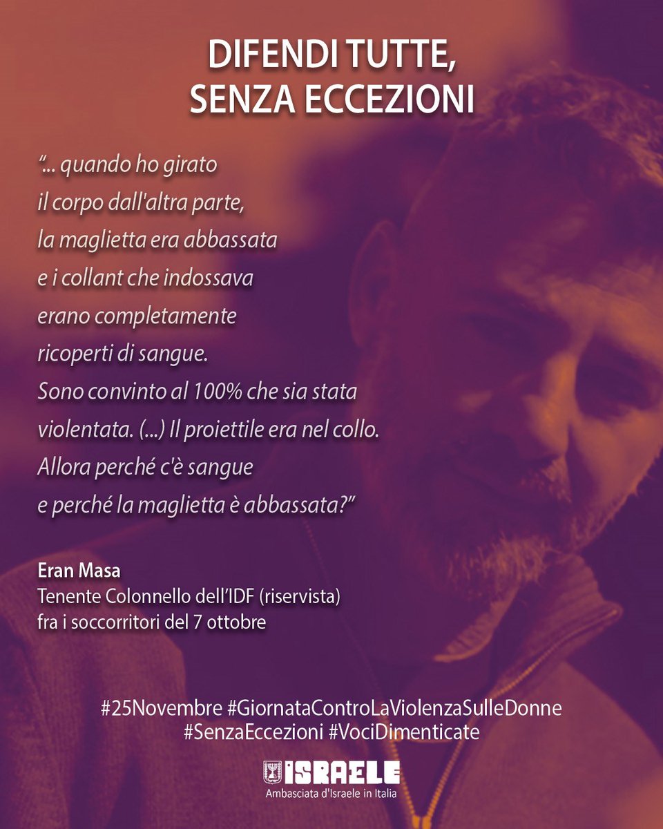 Difendi tutte, senza eccezioni.

Il 7 ottobre 2023 centinaia di #donne e ragazze israeliane sono state brutalmente massacrate dai terroristi di Hamas.

Per molte di loro la morte è arrivata dopo violenze disumane, come ferite d’arma da fuoco, mutilazioni e stupri.

Eppure il