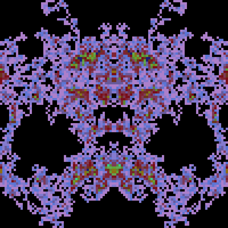 PatternRandom's tweet image. Low-res mirrored palettewalk
iterations=7447,levels=15,seed=776813236,cols=8,c1=ac7fca,c2=5674d5,c3=833144,c4=75050d,c5=52b545,c6=9c5c01,c7=39da8c,c8=1a1c74