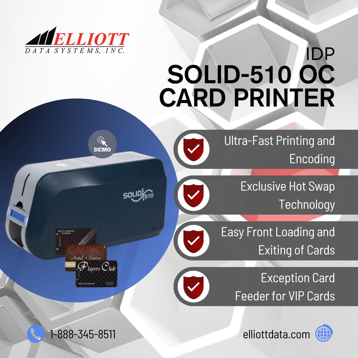 The SOLID-510 OC Card Printer with OpenCard Format is an ideal solution for casinos and gaming venues that demand high-speed, reliable, and versatile card issuance. 
Request a quote or schedule a demo today - elliottdata.com/product/solid-…