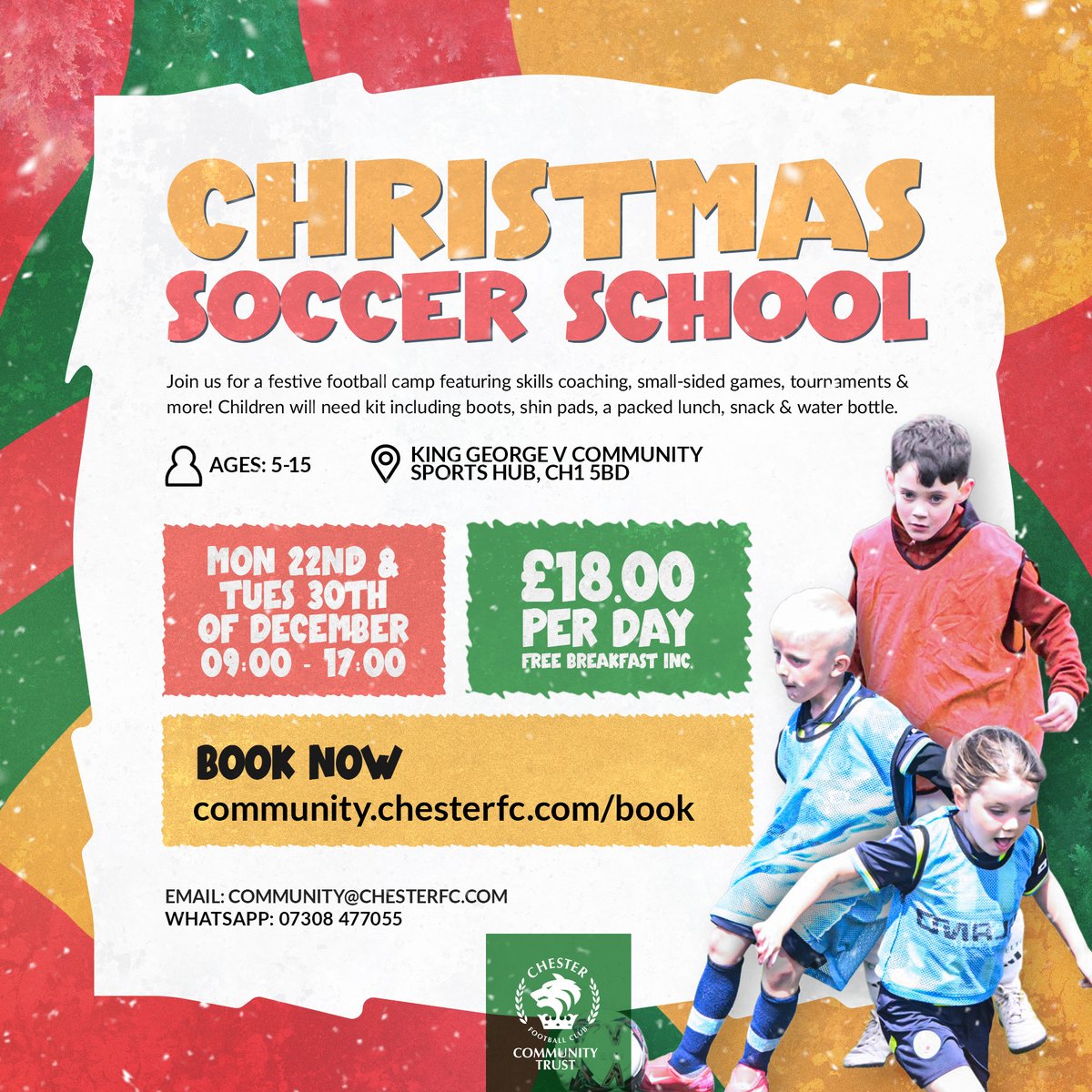 CFC_CommTrust's tweet image. Get ready for some festive football fun with our Chester FC Soccer School! ⚽🎅

📅 Monday 22nd &amp;amp; Tuesday 30th December
⌚ 9am - 3pm (free breakfast included)
📍 @KGVSportsHub

Expect skills coaching, small-sided games, tournaments and more to keep your players active and smiling…