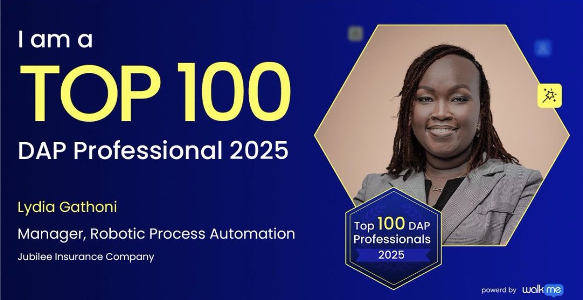 JubileeInsKE's tweet image. We’re thrilled to celebrate Lydia Gathoni, RPA Manager, for being named a Top 100 Digital Adoption Professional of 2025 👏🏼

Her leadership is driving automation and shaping the future of digital transformation.

#DigitalExcellence #RPA #TechLeadership #JubileeInsurance