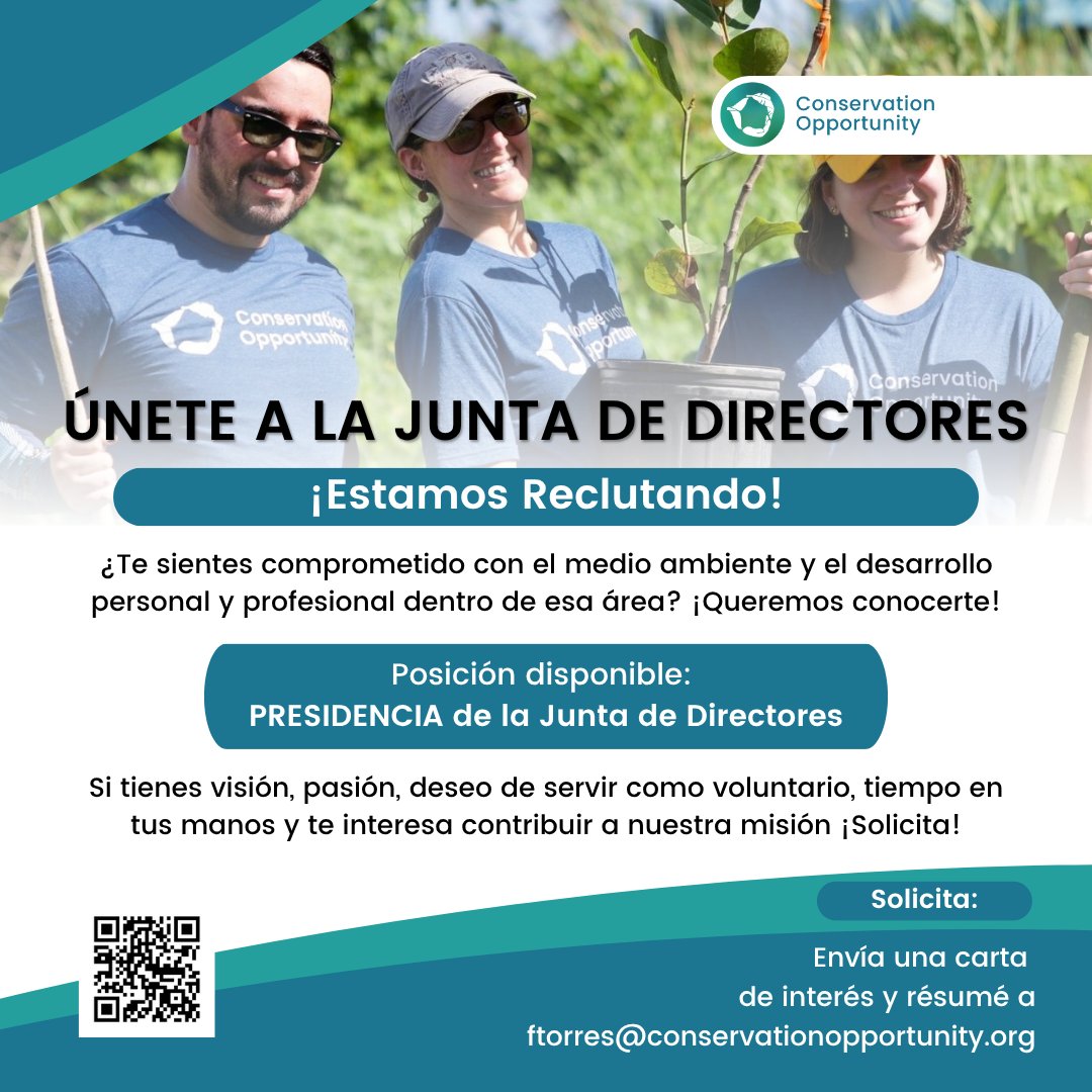 ConservationOpp's tweet image. ¿Te interesa ser el/la proximo/a Presidente/a de Conservation Opportunity?

Envía tu carta de interés y resume a:
📷 Fabiola Torres – ftorres@conservationopportunity.org

Mas información de la plaza en: facebook.com/share/p/17psr3…