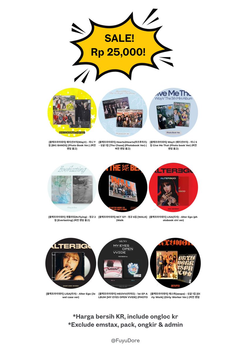FuyuDore's tweet image. Sale! Album harga 25k

💰 Bersih korea include ongloc KR
❌ EMS Tax
❌ Pack + ongkir + Adm 🍊
✔️GO Line
📍Jakarta

Yang masih cari2 album bisa diliat dan cek ya. Bisa Fullpay dan isi form di: tr.ee/orderfuyudore

Wts Album Kpop.