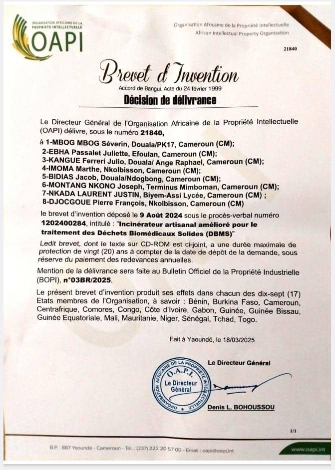 severinmbog1's tweet photo. #Brevet d'#innovation d'un #incinérateur pour la #gestion des #déchets #biomédicaux #solides et autres. https://t.co/J1yUJGrwz0