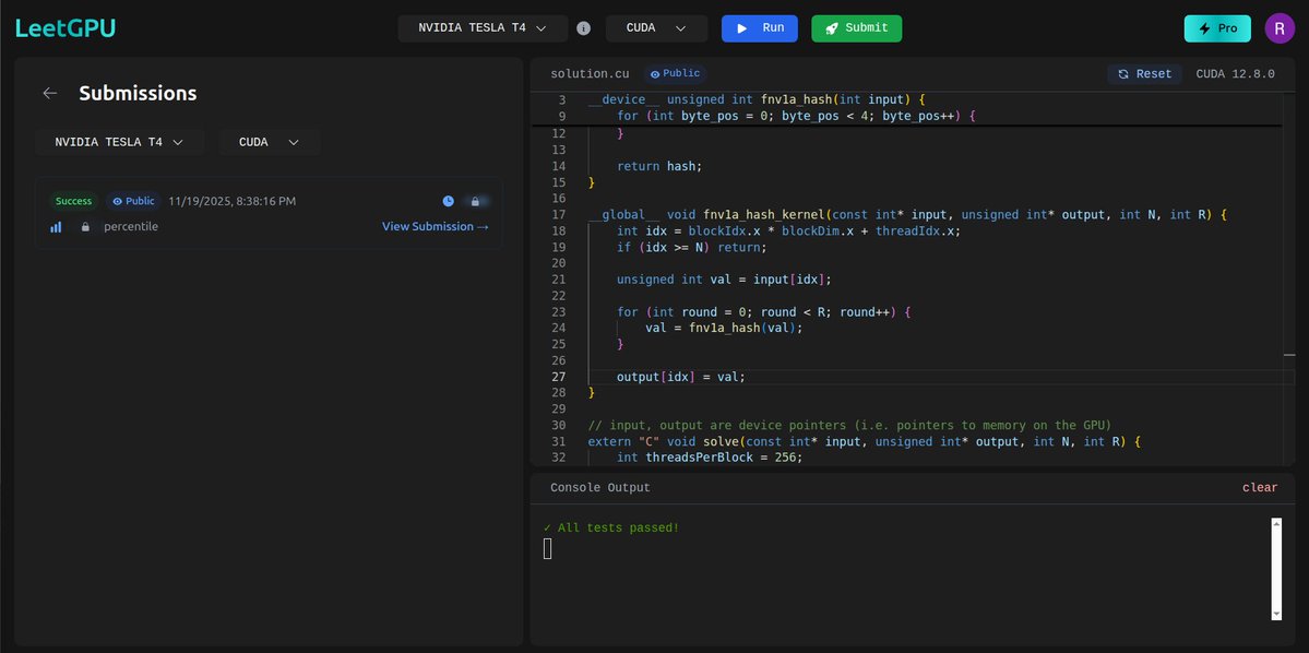 cuda_programmer's tweet image. Day 10 of GPU Programming  
- Rainbow Table  
- 4th consecutive easy problem on LeetCode  

#100DaysOfGPU #CUDA #GPUProgramming #ParallelComputing #AI #DeepLearning #100DaysOfCode #MachineLearning #NVIDIA #CodingJourney  
pic.x.com/FYOUlLsQy3