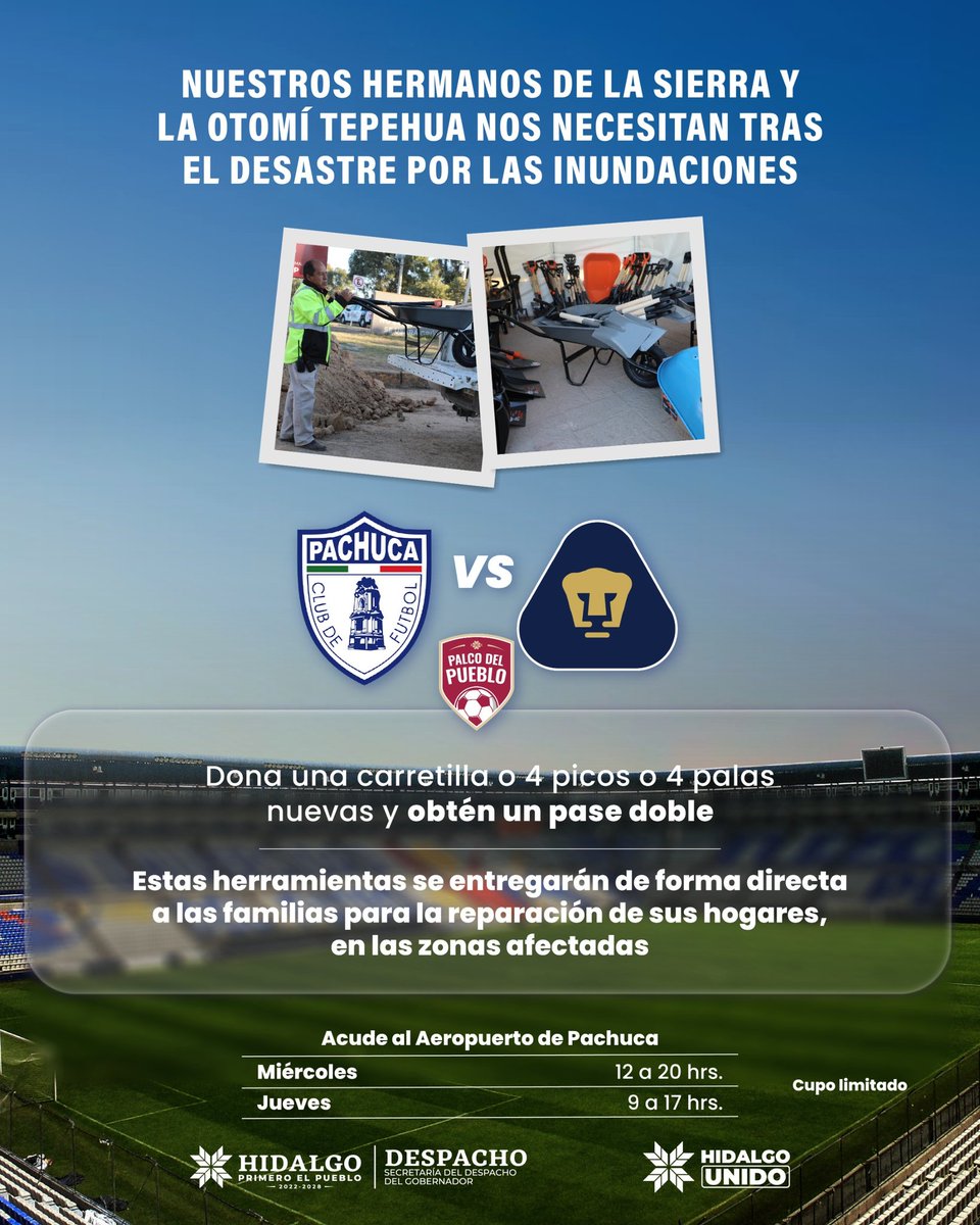 gobiernohidalgo's tweet image. Las familias de 28 municipios del estado atraviesan momentos difíciles. Por eso, el Palco del Pueblo y otras zonas del estadio abrirán sus puertas para recibir donativos de herramientas que permitan avanzar en labores de limpieza.
Participa y llévate un pase doble.
#HidalgoUnido