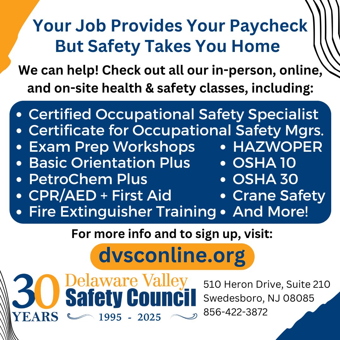 DvscAdmn's tweet image. Your Job Provides Your Paycheck
But Safety Takes You Home

We can help! Check out all our in-person, online, and on-site health and safety classes:
dvsconline.org

#COSS #COSM
#CPR #BOP
#HAZWOPER
#OSHA10 #OSHA30
#PetroChemPlus
#FireExtinguisherTraining
#ExamPrep