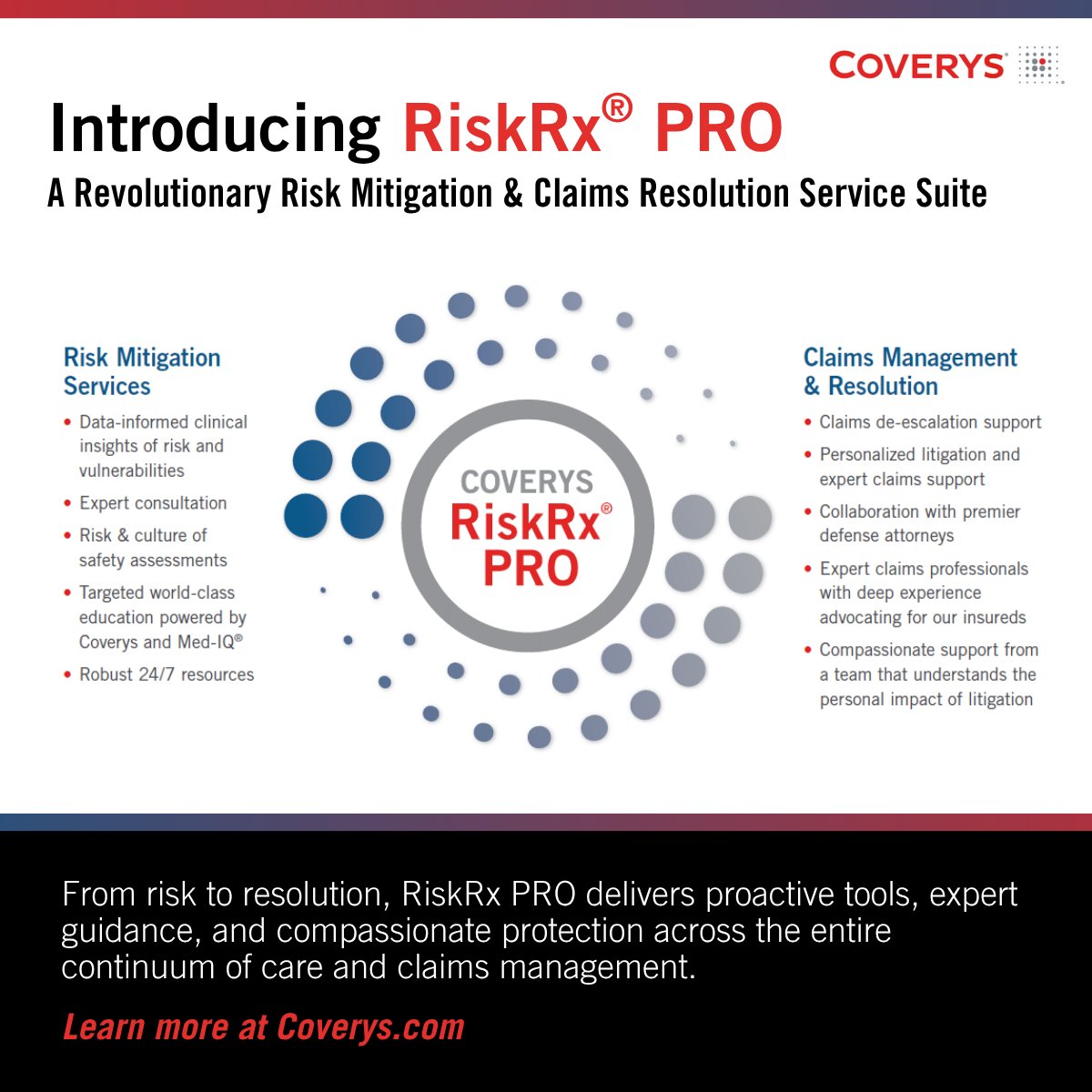 Coverys's tweet image. Introducing RiskRx® PRO: A revolutionary risk mitigation &amp;amp; claims resolution service for Coverys medical professional liability insurance policyholders. Learn more at Coverys.com.

#riskmitigation #claimsmanagement #mplinsurance