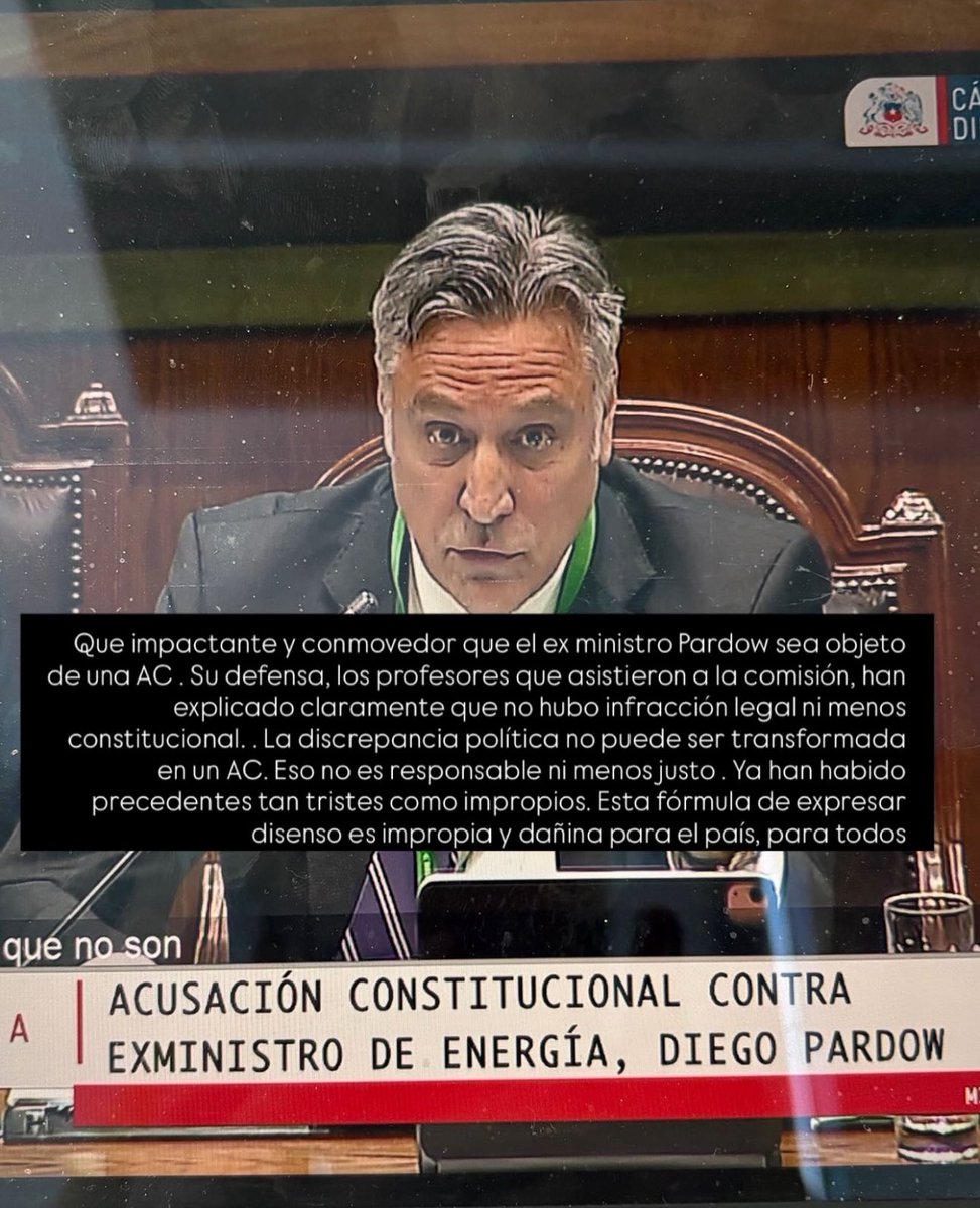 La institucionalidad! Qué importante es, q al votar, se haga x los motivos correctos y con espíritu de justicia. En la AC contra el ex ministro Pardow no hay hechos q sean infracción legal ni menos constitucional! Eso está demostrado. Ojalá se imponga lo correcto