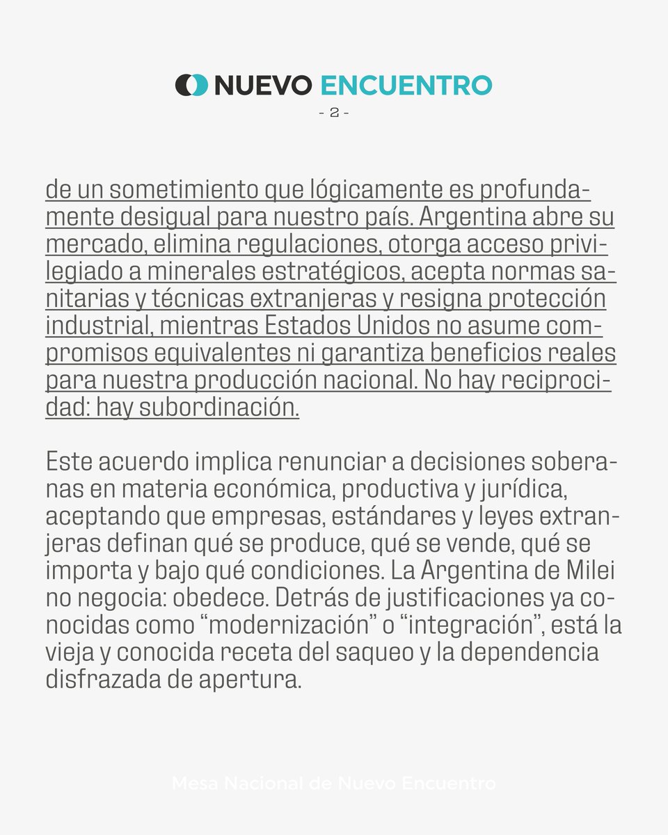 NuevoEncuentro_'s tweet photo. ✍️ Un acuerdo disfrazado de coloniaje versión Siglo XXI.

Comunicado de la Mesa Nacional de Nuevo Encuentro. https://t.co/kxiMBZWLAb