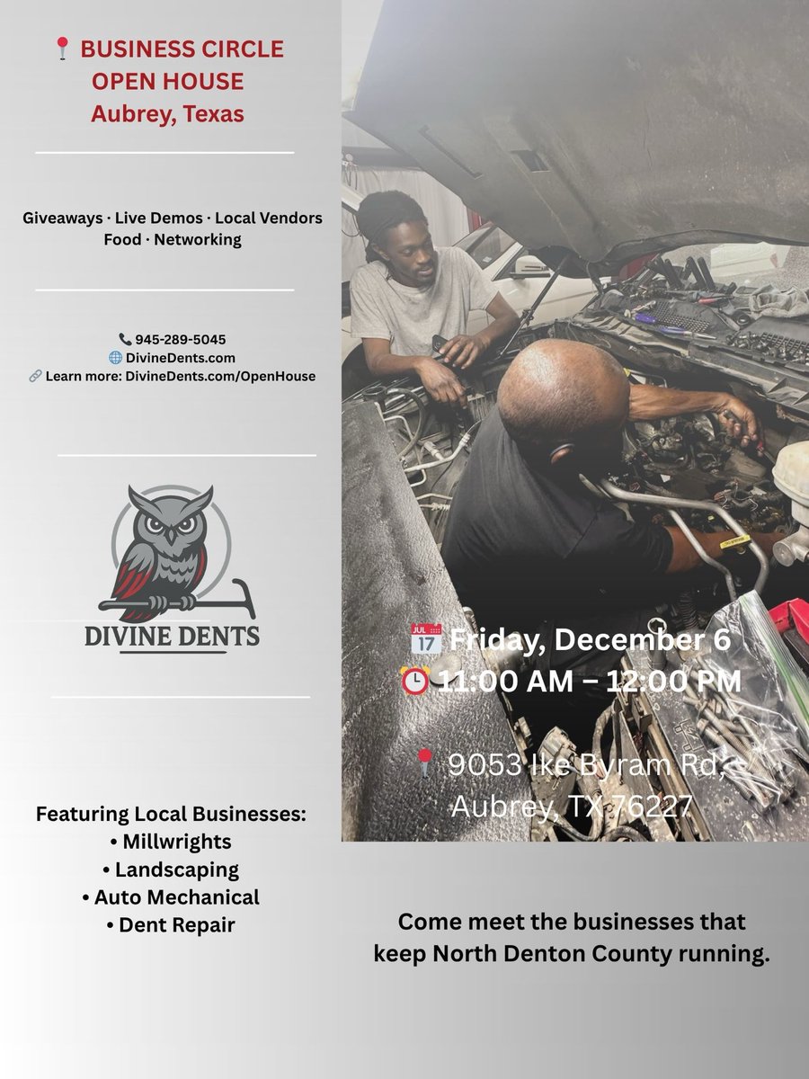 Thephnnx's tweet photo. Excited to host the Business Circle Open House in Aubrey, Texas!

Join us on Friday, December 6 from 11:00 AM to 12:00 PM at 9053 Ike Byram Rd.

Come connect with local businesses, watch live demos, and meet the teams that help keep North Denton County running. https://t.co/9e4R4oI41F