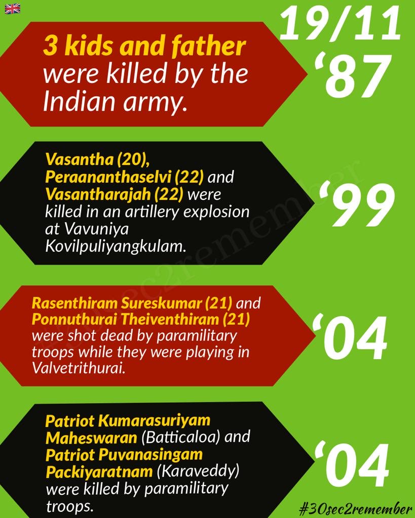 30sec2remember's tweet image. Nov 19 – A day marked by repeated tragedy across decades.
Children, civilians, and young adults were killed in attacks by the Indian army, Sri Lankan military artillery, and paramilitary groups in Vavuniya, Batticaloa, Karaveddy, and Valvettithurai.🕯️ #30sec2remember #Genocide