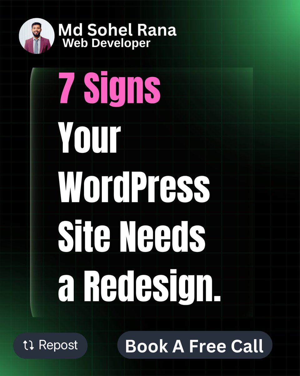 dev_sohel07's tweet image. 7 Signs Your WordPress Site Needs a Redesign.

Here’s what to watch for:

1️⃣ Slow load time
2️⃣ Outdated design
3️⃣ Broken plugins
4️⃣ Not mobile-friendly
5️⃣ Low conversions
6️⃣ Hard-to-update backend
7️⃣ High bounce rate

#WordPress #WordPressDesign #WordPressExpert #WebDevelopment