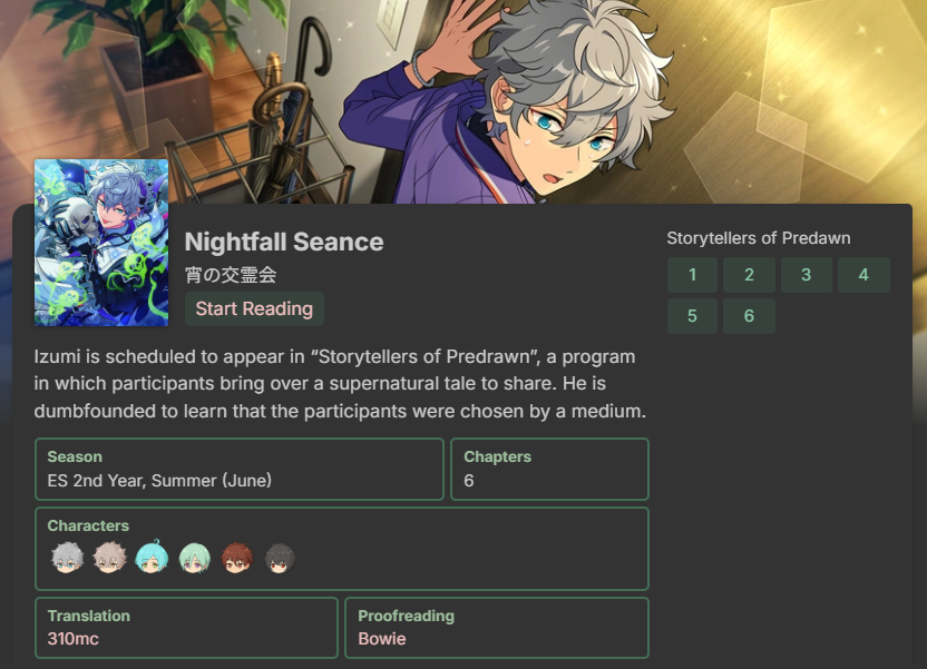 👻 Enstars Scout Story Translation: Nightfall Séance 💀

※ Featuring: Izumi, Koga, Kanata, Tatsumi, Chiaki, Ritsu
※ Proofreading by Bowie

➡️ Read it here: 310mc.github.io/nightfall_sean…