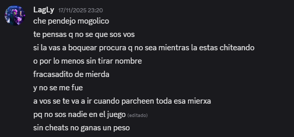 RenaTato_'s tweet image. imaginate ser pro, estar boosteando, perder contra una persona que NO soy yo e insultarme por ds y encima decir que estoy "CHITEANDO", sigo esperando la disculpa. "No sos nadie en el juego" razon no le falta pero por lo menos no soy la sombra de nadie jajaj