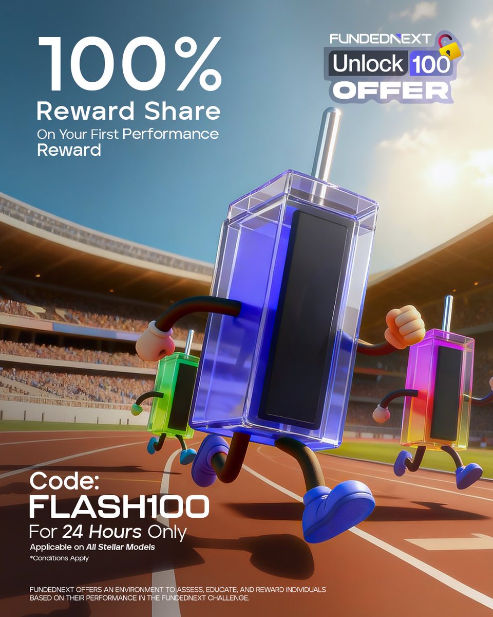 JDCrypt01's tweet image. @FundedNext is giving 100% reward on the first payout — one-day special.
 Use code FLASH100 to activate the offer.
24 hours only — starts November 19 and ends November 20 at 11:59 PM.
Applies to all Stellar models, including Stellar Instant (excluding USA).#Unlock100 #FLASH100