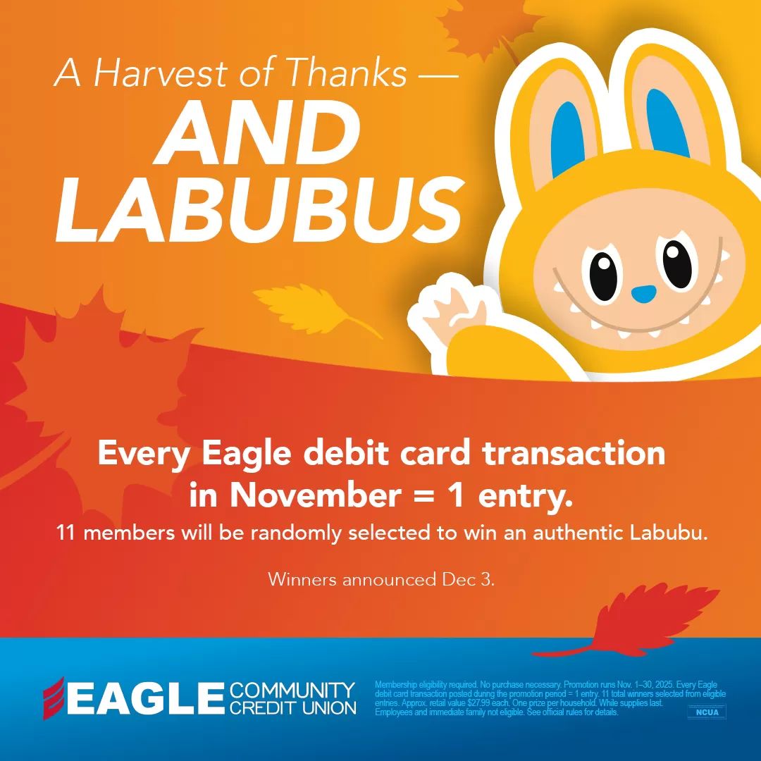 EagleCommCU's tweet photo. Win an authentic #Labubu by simply using your Eagle debit card this November!

Every Eagle debit card transaction in November = 1 entry!
11 members will be randomly selected to win an authentic #Labubu

Find all info and details at https://t.co/1lK5XxN826

#labubus #win #free https://t.co/ObUP6QuWTF