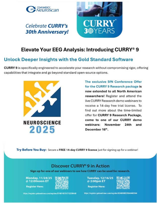 Compumedics's tweet photo. Exclusive SfN Conference Offer: CURRY 9 Research Package now open to all North American researchers! 🎉

Attend a live demo webinar to get a 14-day free trial.
Upcoming demos: Nov 24 &amp; Dec 16.

#Neuroscience #SfN #EEG #Neurophysiology #Compumedics #CURRY #ResearchInnovation https://t.co/BkBlU4cIA6