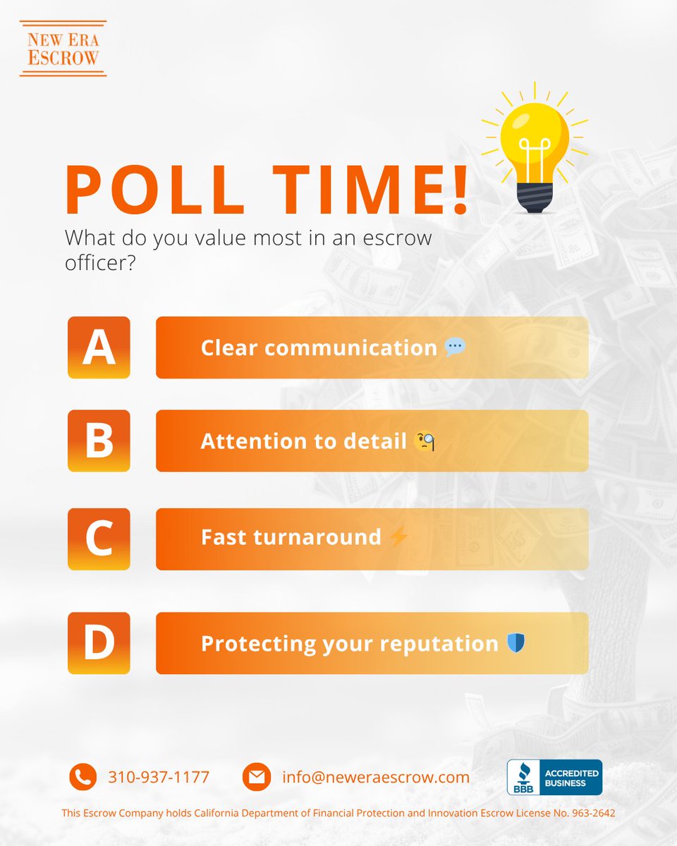 neweraescrow_'s tweet image. Your voice matters! 🗳️
When it comes to escrow, everyone values something different — what’s YOUR top priority?
Drop your answer below: A, B, C, or D! 👇
Let’s see which one comes out on top. 🔍✨

#NewEraEscrow #EscrowExperts #ClientFirst #RealEstateCommunity #PollTime…