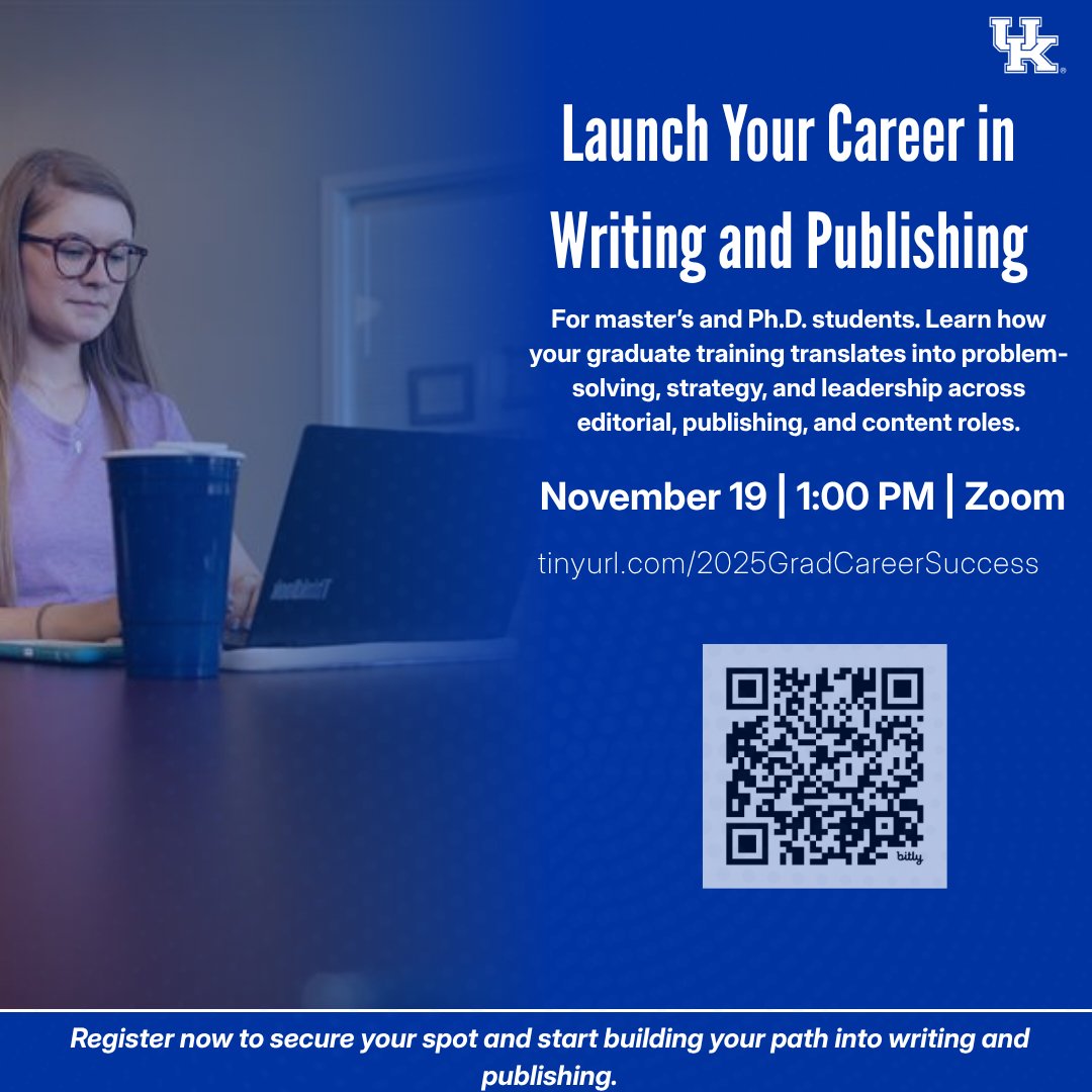 ukygradschool's tweet photo. Launch your path in writing and publishing ✍️ Roles, skills, and first steps with Abbie Wood.
Register: https://t.co/CSzuzvijHg
#WritingCareers #Publishing #GradLife #WildlyPossible https://t.co/f490xwYuX6