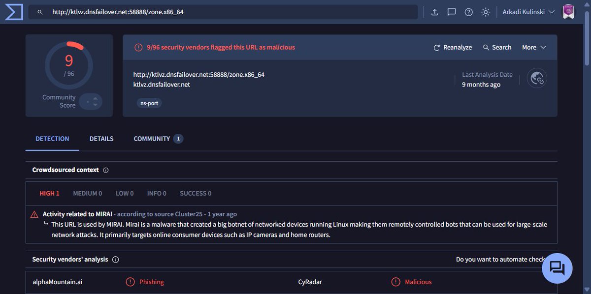This URL is used by MIRAI.
http://ktlvz[.]dnsfailover[.]net:58888/zone.x86_64

virustotal.com/gui/url/993c18…
