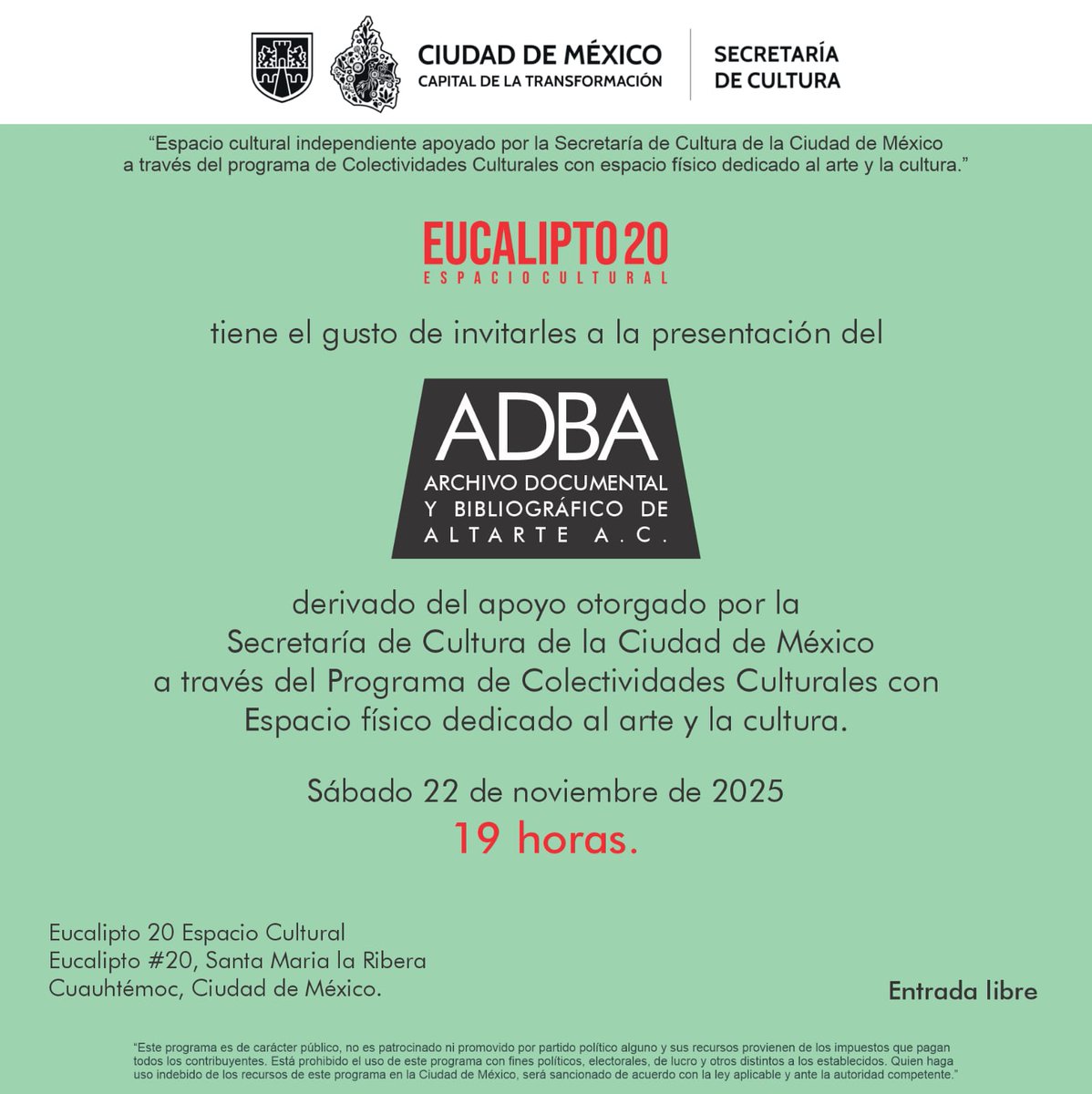 Este sábado 22 de noviembre se presenta el archivo documental y bibliográfico de <a href="/AltarteAC/">Altarte AC</a> 
Un archivo que rescata parte de la historia LGBTQ+ mexicana, haciendo principal énfasis en la cultura.
19H
Eucalipto 20, Santa María la Ribera, Cuauhtémoc, CDMX.
Entrada libre