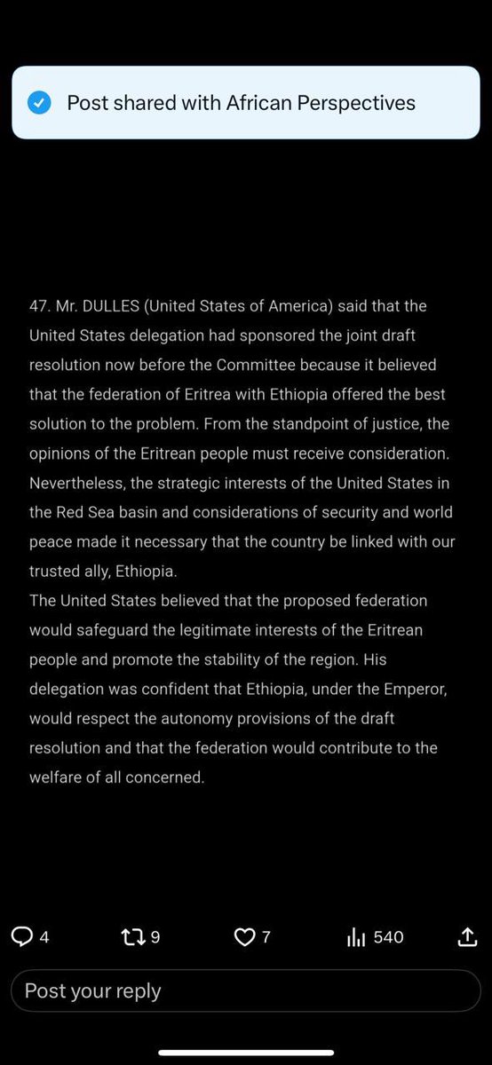 #US Secretary of State #JohnFosterDulles: “From the standpoint of justice, the opinions of the #Eritrean people must receive consideration. Nevertheless, the strategic interests of the #UnitedStates in the #RedSea basin and considerations of security and world peace made it