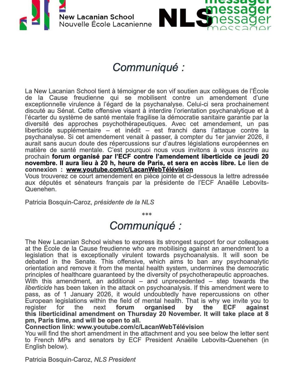 [nls-messager] contre l’amendement liberticide/ Against the liberticide amendment

Forum organisé par l’ECF
🗓️  20 nov à 20h (heure Paris)

Forum organised by the ECF
🗓️ 20 Nov at 8 pm (Paris time)

youtube.com/c/LacanWebTélé…
