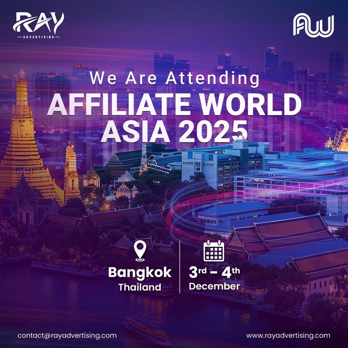 RayAdvertising's tweet image. Bangkok, we’re coming! 🔥✨

It’s official — Ray Advertising is heading to @AWConferences Asia 2025! Two days of next-level networking, insights, and global marketing energy.

Catch us live Dec 3–4 in Bangkok! 🌏💥

#AWA2025 #AffiliateWorldAsia #RayAdvertising #AffiliateMarketing