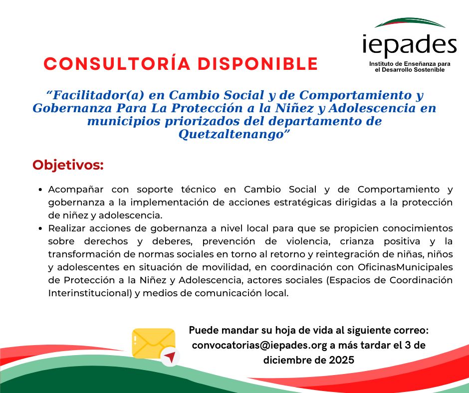 ✨ ¡𝐈𝐄𝐏𝐀𝐃𝐄𝐒 𝐚𝐛𝐫𝐞 𝐜𝐨𝐧𝐯𝐨𝐜𝐚𝐭𝐨𝐫𝐢𝐚 𝐩𝐚𝐫𝐚 𝐟𝐚𝐜𝐢𝐥𝐢𝐭𝐚𝐝𝐨𝐫(𝐚) 𝐞𝐧 𝐂𝐚𝐦𝐛𝐢𝐨 𝐒𝐨𝐜𝐢𝐚𝐥 𝐲 𝐝𝐞 𝐂𝐨𝐦𝐩𝐨𝐫𝐭𝐚𝐦𝐢𝐞𝐧𝐭𝐨 𝐲 𝐆𝐨𝐛𝐞𝐫𝐧𝐚𝐧𝐳𝐚! ✨
¿Le apasiona la protección de la niñez y adolescencia? ¿Tiene experiencia en trabajo