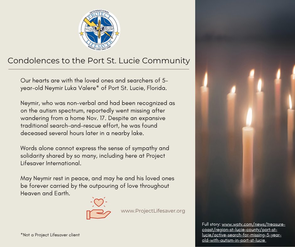 ProjectLifesavr's tweet image. Condolences to the Port St. Lucie community following the death of 5-y.o. Neymir. For how to bring Project Lifesaver to your community, request info: ProjectLifesaver.org/contact-us For guidance in promoting an existing Project Lifesaver program, email nfirestone@projectlifesaver.org