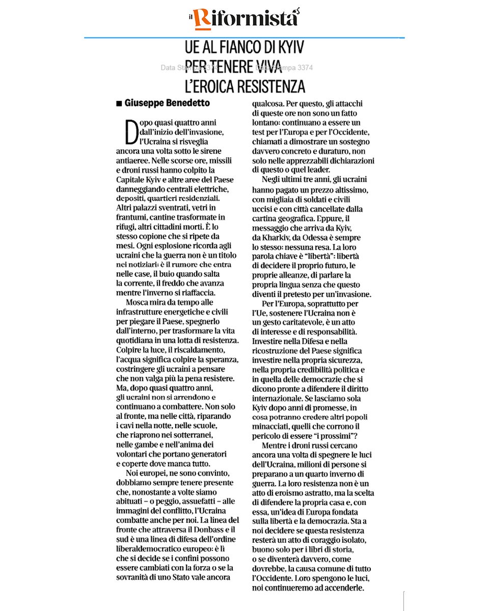 fleinaudi's tweet image. Da quattro anni l’#Ucraina resiste sotto le bombe, ma non piega la sua libertà. Non possiamo permetterci di stare in silenzio: sostenere #Kiev significa difendere l'Europa e i suoi valori. 

Magistrale articolo del Pres @avvbenedetto oggi su @ilriformista #slavaukraini 🇺🇦