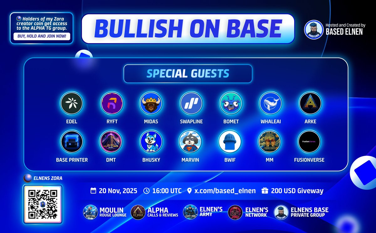 🎙BULLISH ON @BASE 🟦
🔹THURSDAY 20.11. 16:00 UTC ⌛️
💵 GIVEAWAY → 200 USD

🧾RULES ⤵️
1️⃣LIKE &amp; RT.
2️⃣TAG 2 FRIENDS.
3️⃣FOLLOW <a href="/base/">Base</a>d_elnen.
4️⃣JOIN SPACES 👉 x.com/i/spaces/1yNGa…

💹 TG PRIVATE for Base investors ⤵️
t.me/+ZYBbN5g9C7xhY…