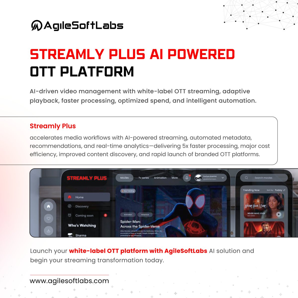 agilesoftlabs's tweet image. Streamly Plus: AI-Powered OTT
Launch scalable, white-label streaming with AI recommendations, adaptive playback, and real-time analytics—built for speed and efficiency.

👉 tinyurl.com/ye242tvk

#OTTPlatform #AIStreaming #MediaTech #StreamingSolutions #AgileSoftLabs