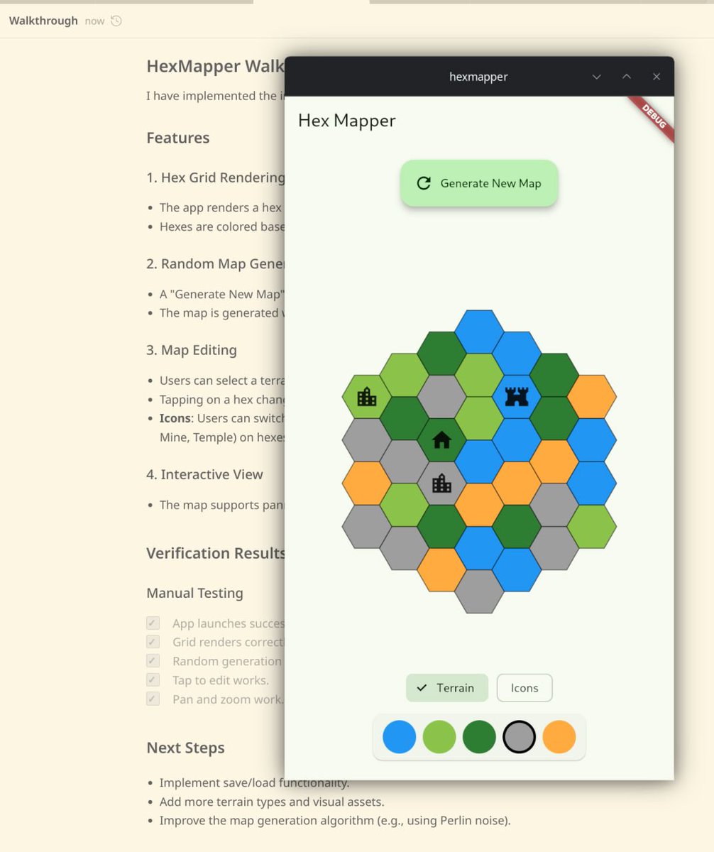 antigravity_ide's tweet image. I made a #Hexmap generator with #Antigravity and stylized the generated picture after #Gemini3 #Flutter
