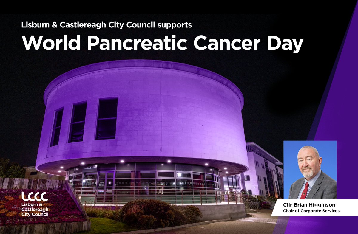 lisburnccc's tweet image. 🟣In support of World Pancreatic Cancer Day we will be illuminating Lagan Valley Island and Union Bridge purple this evening.

Cllr Brian Higginson, Corporate Services Chair said, “Raising awareness of pancreatic cancer is vital if we are to improve outcomes for those affected.…