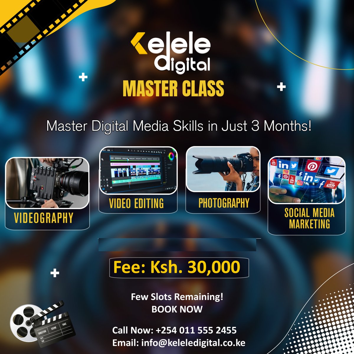 Kick-start your digital media career in just 3 months.
Kelele Digital Master Class is perfect for high-school leavers, content creators, and beginners who want practical skills that pay.
Learn Videography, Video Editing, Photography, and Social Media Marketing through hands-on