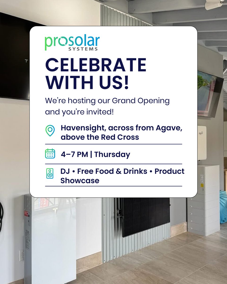 ProSolarAmerica's tweet image. 🎉 Grand Opening vibes are officially here and you’re on the guest list.

📍 Havensight across from Agave above the Red Cross
⏰ Thursday from 4 PM to 7 PM
🎶 DJ • Free food and drinks • Product showcase

See you there.

#ProSolar