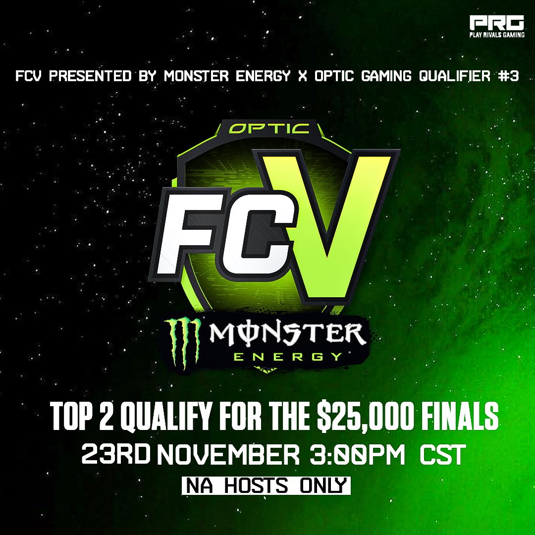 PRG_Global's tweet image. FCV Qualifier #3 is here!
Presented by Monster Energy × OpTic Gaming ⚡️

💰Top 2 Qualify for the $25k Finals  
🎮 COD Black Ops 7 - 4v4 SND
📅 23 November - 3:00 PM CST
🚨 NA HOSTS 

👉🏻 playrivalsgaming.com/tournaments/29…

@MonsterEnergy @MonsterGaming @OpTic @iiconsgg 

#esports #FCV