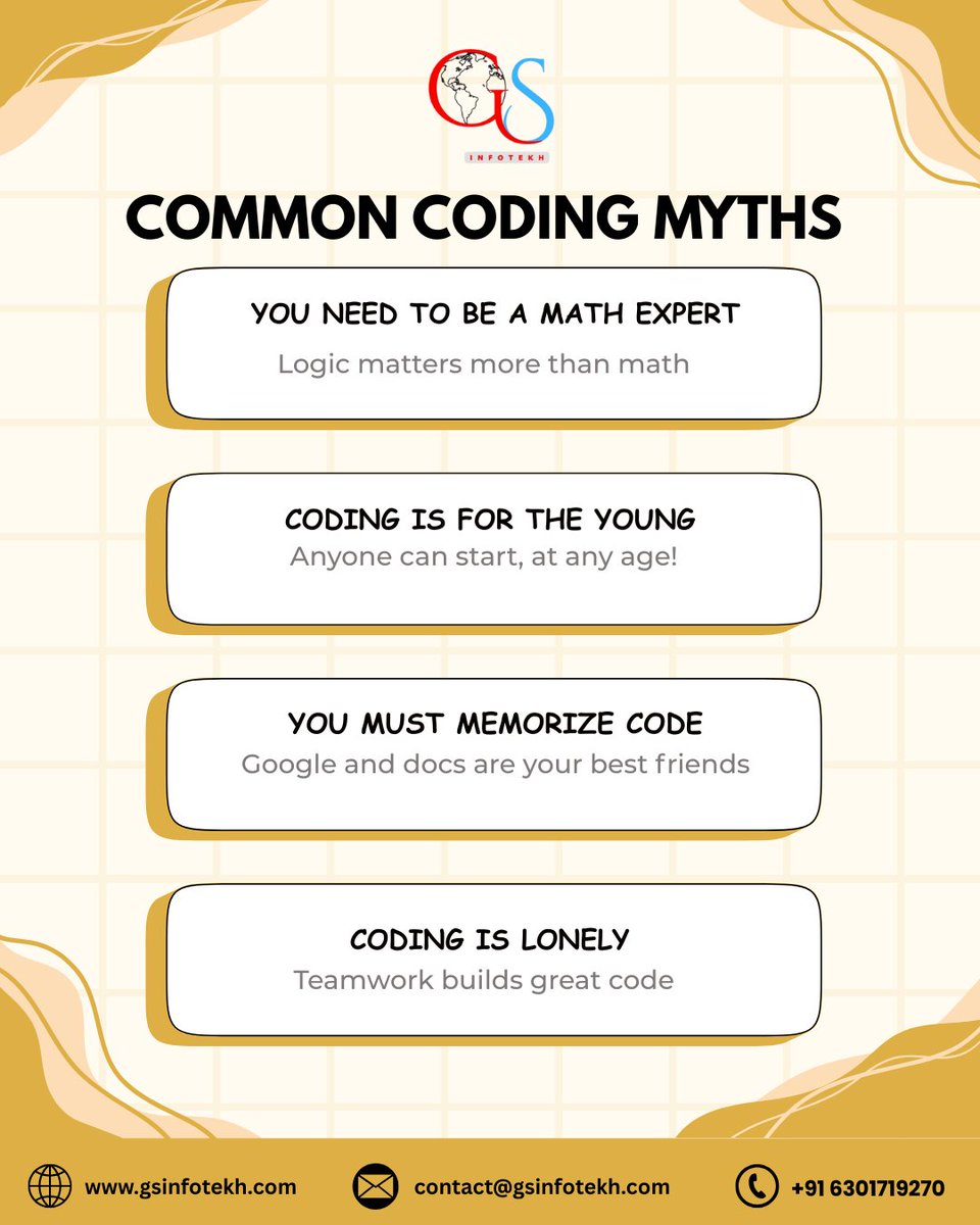 GSInfotekh's tweet image. 🚀 Scared of coding? Let’s bust the myths! 💡
You don’t need to be a math expert or a walking textbook — just curiosity &amp;amp; consistency.
Start your coding journey with GS Infotekh! 👨‍💻

✨📞 +91 6301719270
🌐 gsinfotekh.com

#CodingMyths #LearnToCode #GSInfotekh