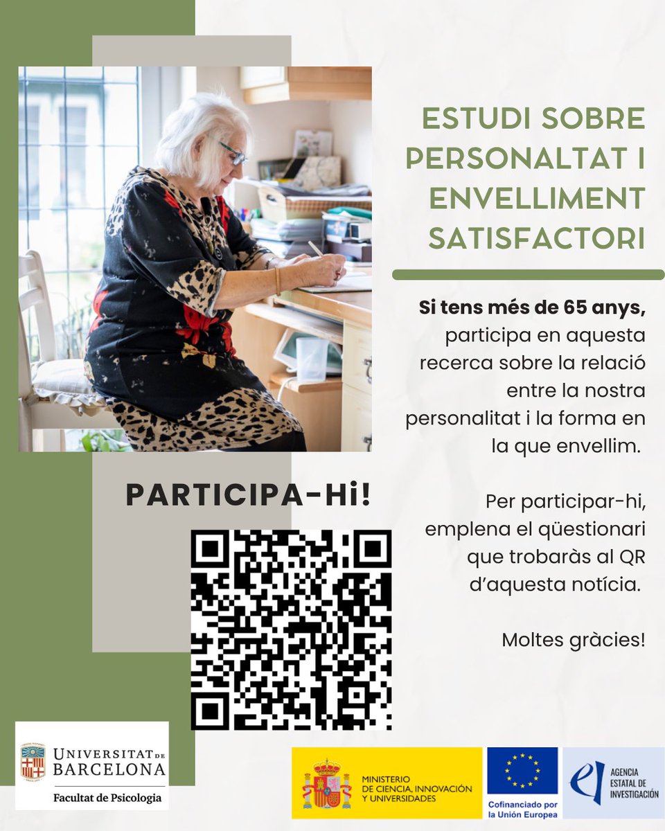 Participa al projecte PerSa! 
Si tens 65 anys o més, ens agradaria conèixer la teva opinió sobre la relació entre la nostra personalitat i la forma en què envellim. 
Participa emplenant el següent qüestionari: ubpsychology.eu.qualtrics.com/jfe/form/SV_8H…
La teva participació és essencial!!!