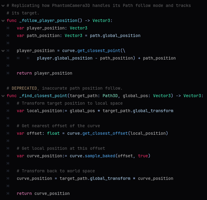 sam_drawngame's tweet image. Here&apos;s the code for those who want it.
This is written in a script that extends PathFollow3D and the code in first image is ran in the _process function.
