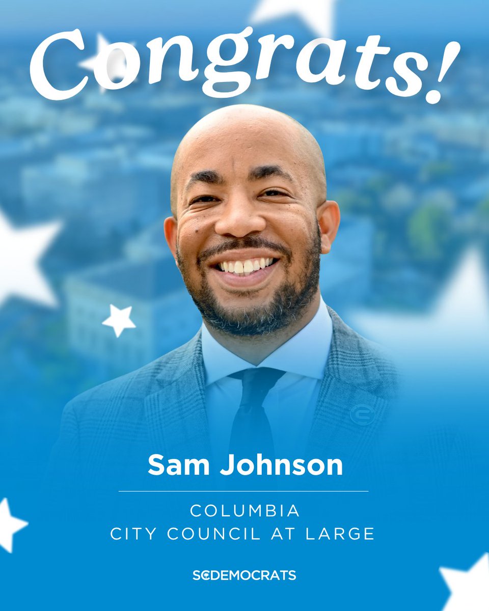 Congratulations to Sam Johnson, who voters elected to the Columbia City Council At-Large! We’re excited to see the leadership and hard work he’ll bring to the City of Columbia. #scdems #BlueWave