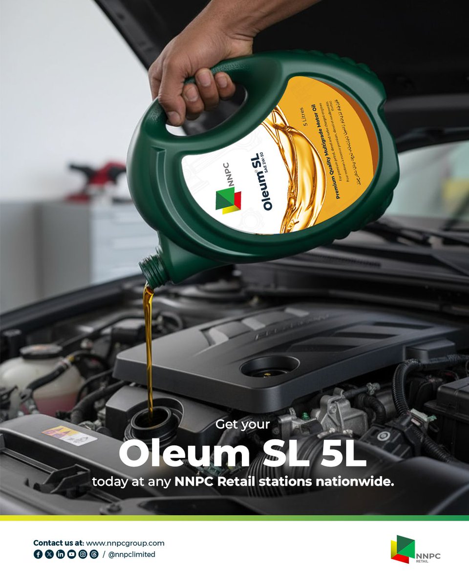 NNPC_Retail's tweet photo. Nothing has changed about the Oleum SL you trust, except the size.
Now in 5L, it delivers the same superior performance, engine protection, and durability Oleum is known for.
Trust doesn’t change, only the pack does!
#PerformanceInMotion
#EnergyForToday
#EnergyForTomorrow https://t.co/V3shXtv7tc