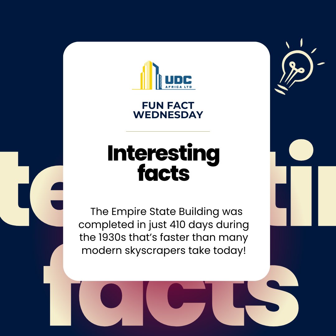 udc_africa's tweet image. Built in just 410 days 

#FunFactWednesday #EngineeringFacts #ConstructionLife #CivilEngineering #UDCProjects #SkyscraperEngineering #BuildSmart #EngineeringMarvels #InnovationInConstruction #FunFact #WednesdayVibes